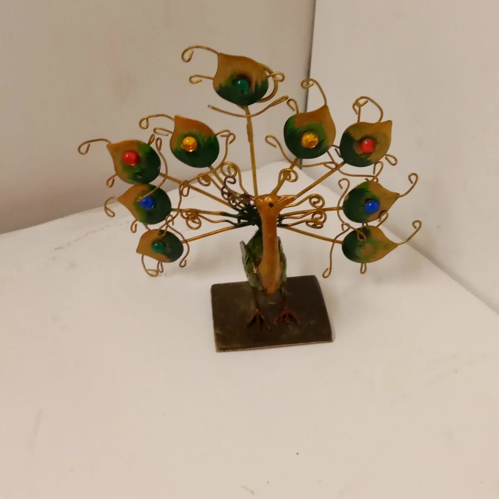 Vintage 2 Peacocks Metal Figurines Enamel Exotic, Rhinestones Safari
